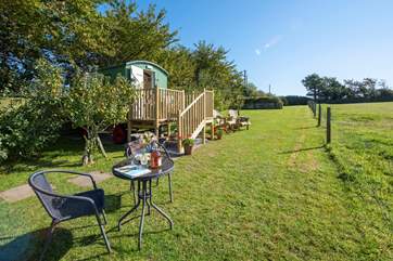 Blackberry Jack's Wagon sits proudly in a beautiful orchard with a meadow in front.