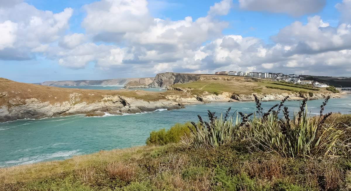 Porth Island is accessible over a sturdy wooden bridge and the views beyond stretch past Watergate Bay to Trevose Head in the distance.