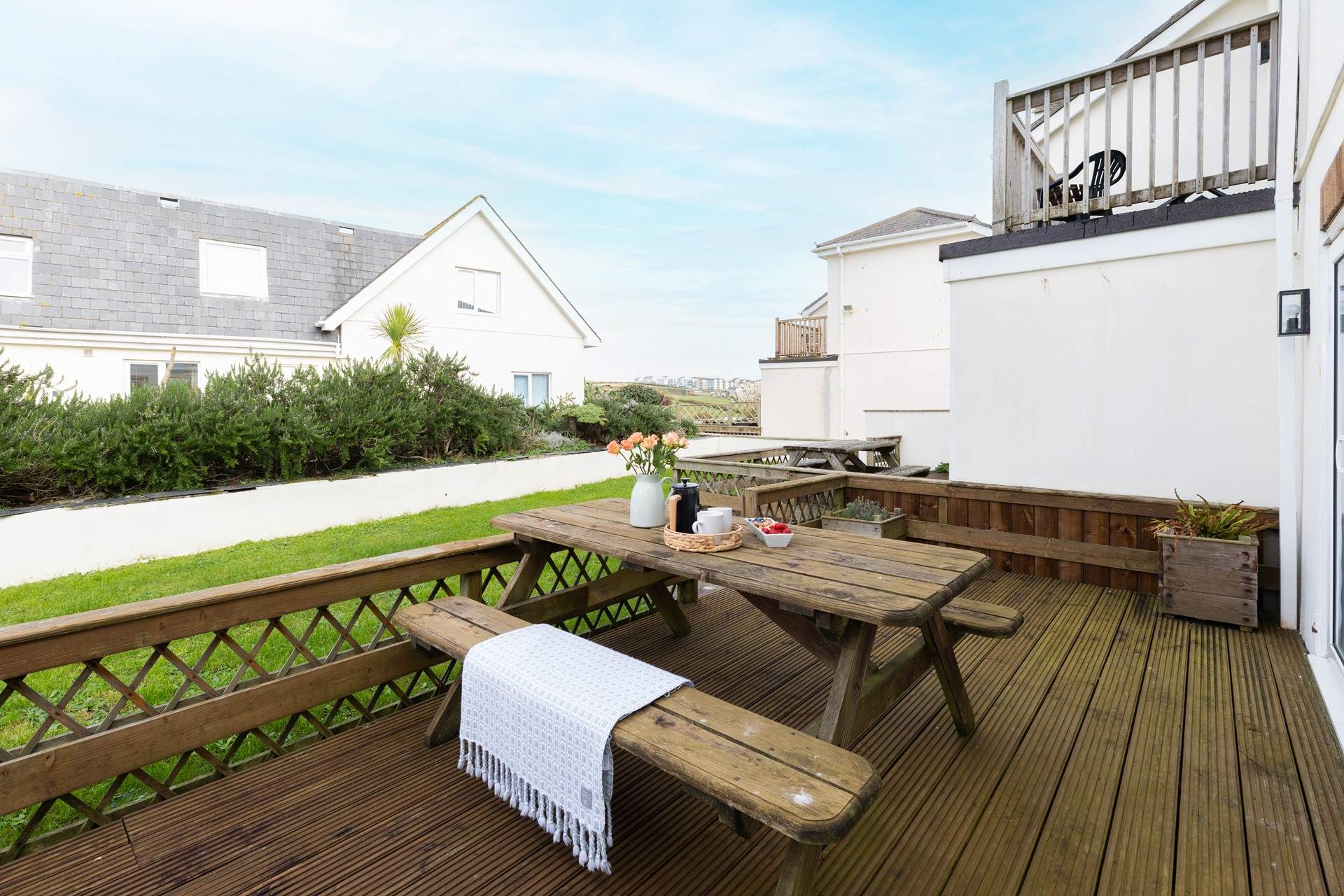 The outside decking area is perfect for those long summer lunches, accessed through the bedrooms on the ground floor. 