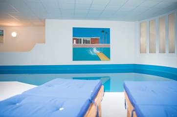 The pool is 34ft by 12ft and the depth is approximately 1m in the shallow end and 2m in the deep end, temperature approximately 29 degrees