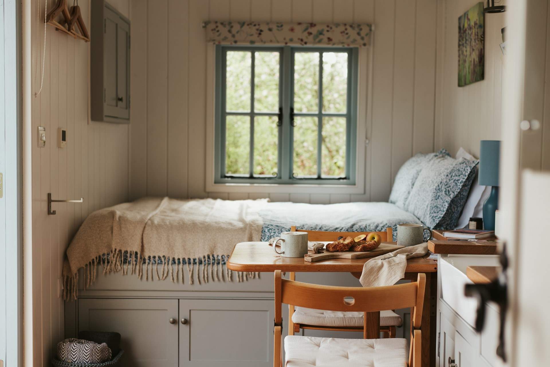 Take a seat at the handcrafted folding table and enjoy a leisurely breakfast together. 