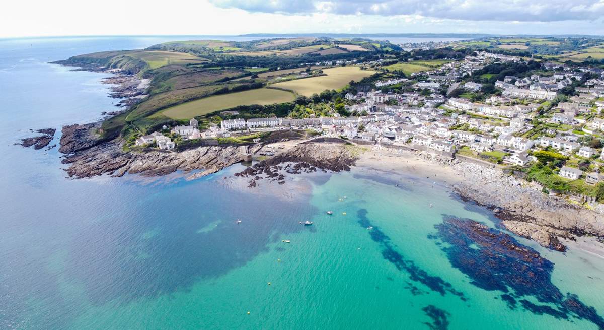 A birds eye view of Portscatho with the Percuil river and St.Mawes in the distance. You are never far from water on the Roseland!