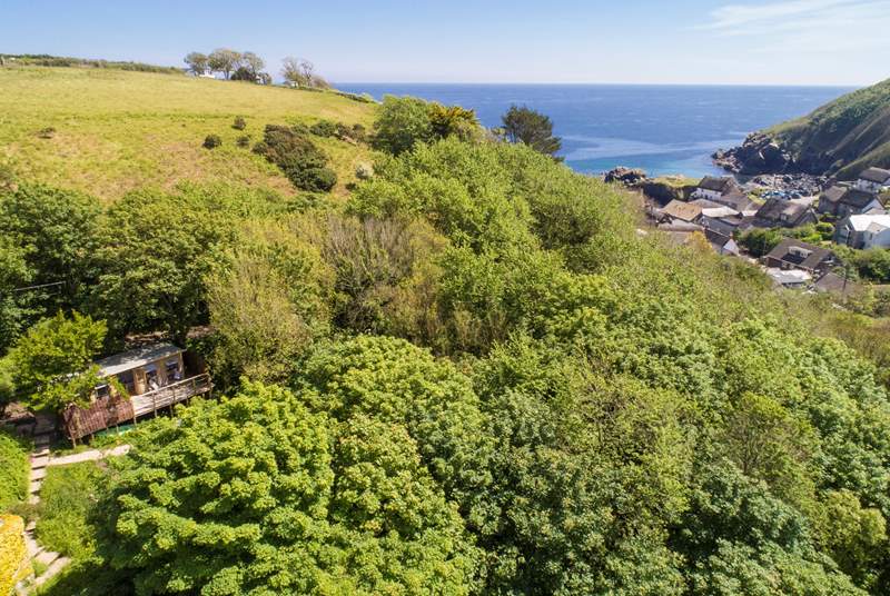 This idyllic retreat is sat high up in the trees with a peaceful stream trickling through below and the sea only a few yards away.