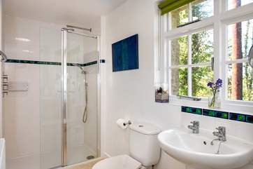 The shower-room is on the ground floor and looks out over the woods.
