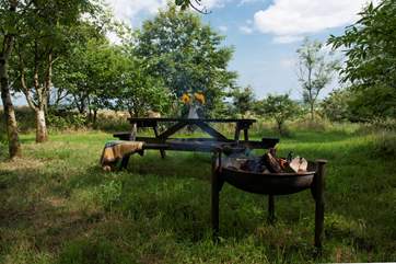 Light the firepit and enjoy the views from the picnic table set under the trees.