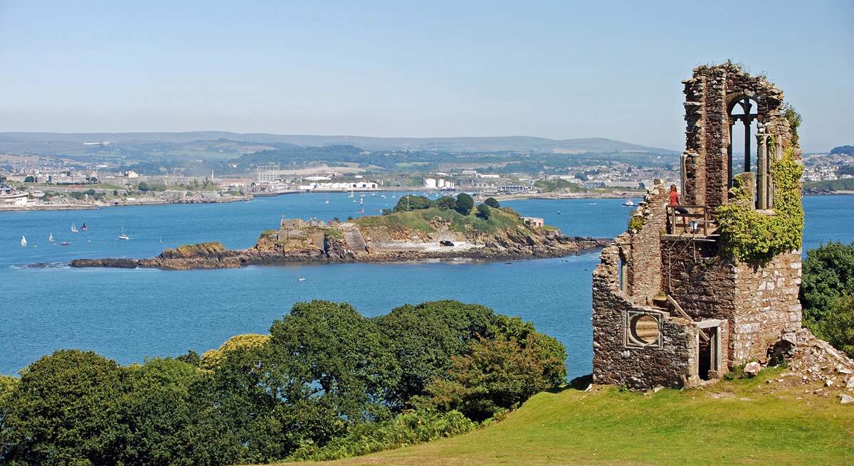 The folly on the Mount Edgcumbe Estate with views across Plymouth Sound to the city of Plymouth.