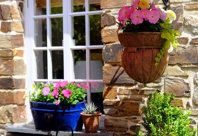 There are lots of pretty planted pots and window boxes.