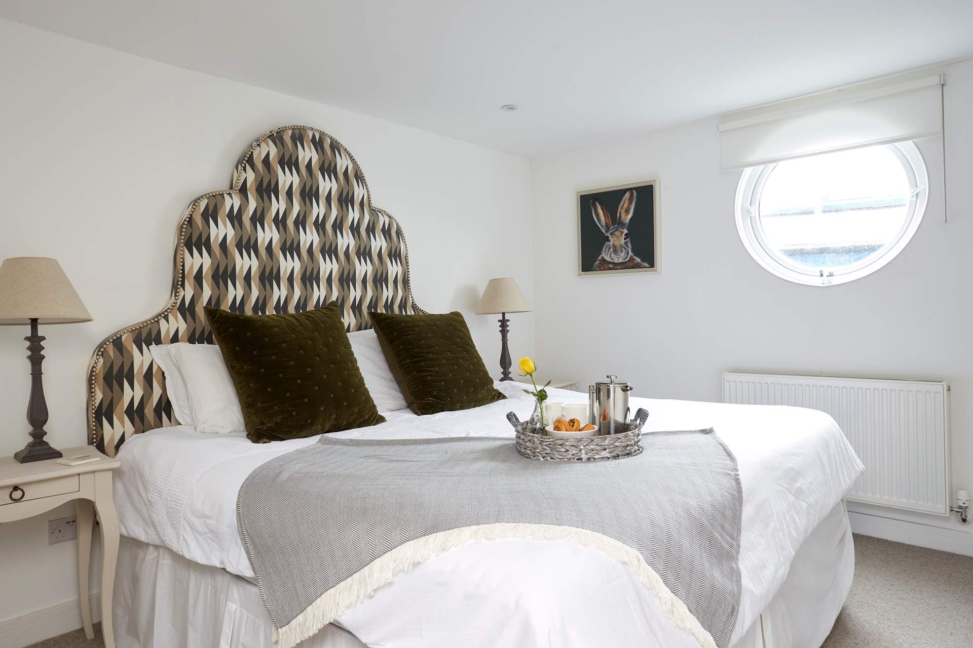 Bedroom 2 with opulent upholstered headboard to super-king bed and access to shared shower-room with bedroom 3.