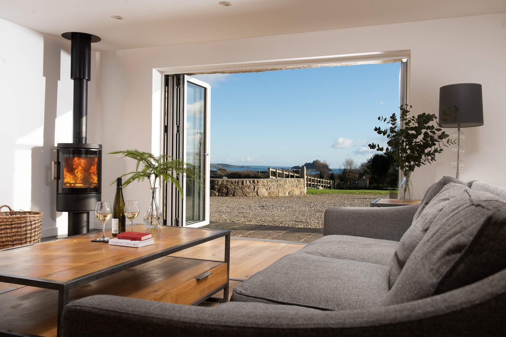 French doors open into the south-facing courtyard making the most of the view of St Michael's Mount.