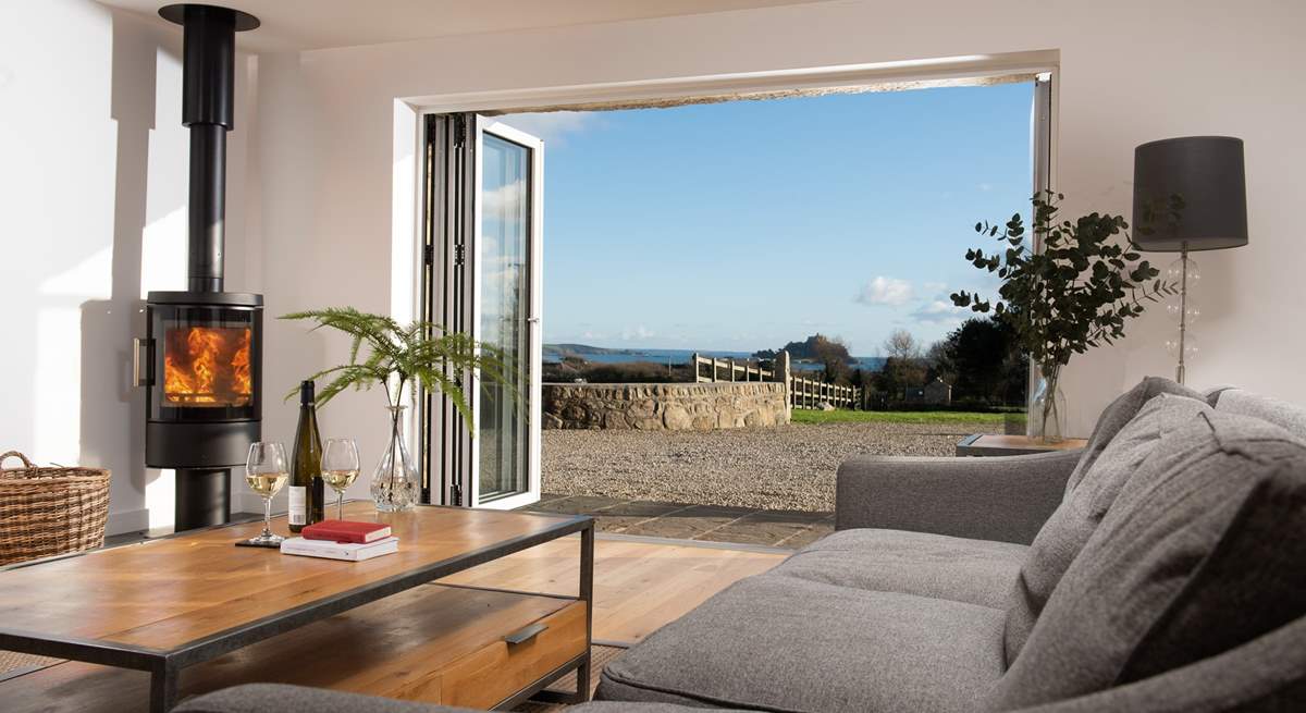 French doors open into the south-facing courtyard - making the most of the view of St Michael's Mount.