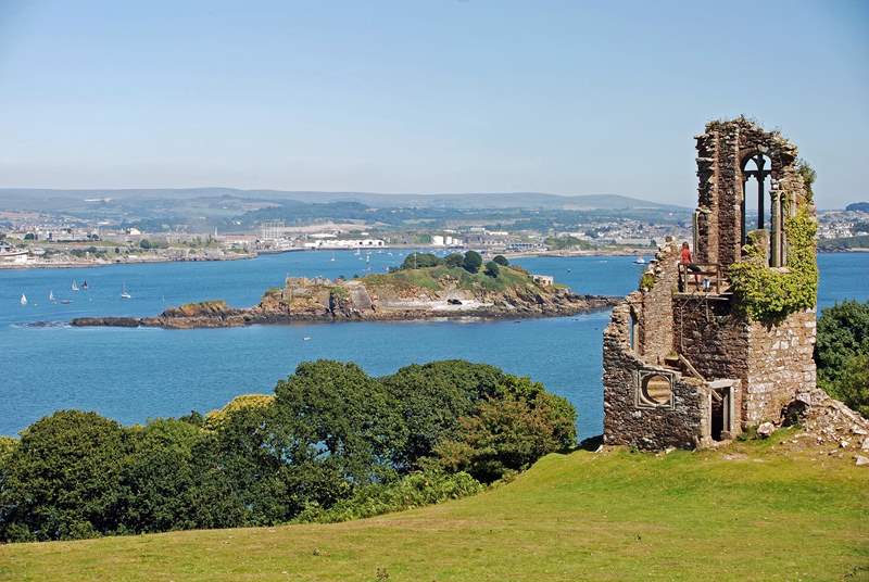 The folly on the Mount Edgcumbe Estate with views across Plymouth Sound to the city of Plymouth.