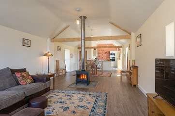 This view of the light-filled living-space shows the kitchen at the far end.