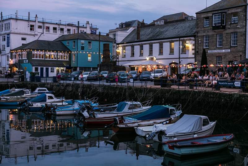 Customs House Quay in Falmouth is surrounded by pubs and restaurants. 