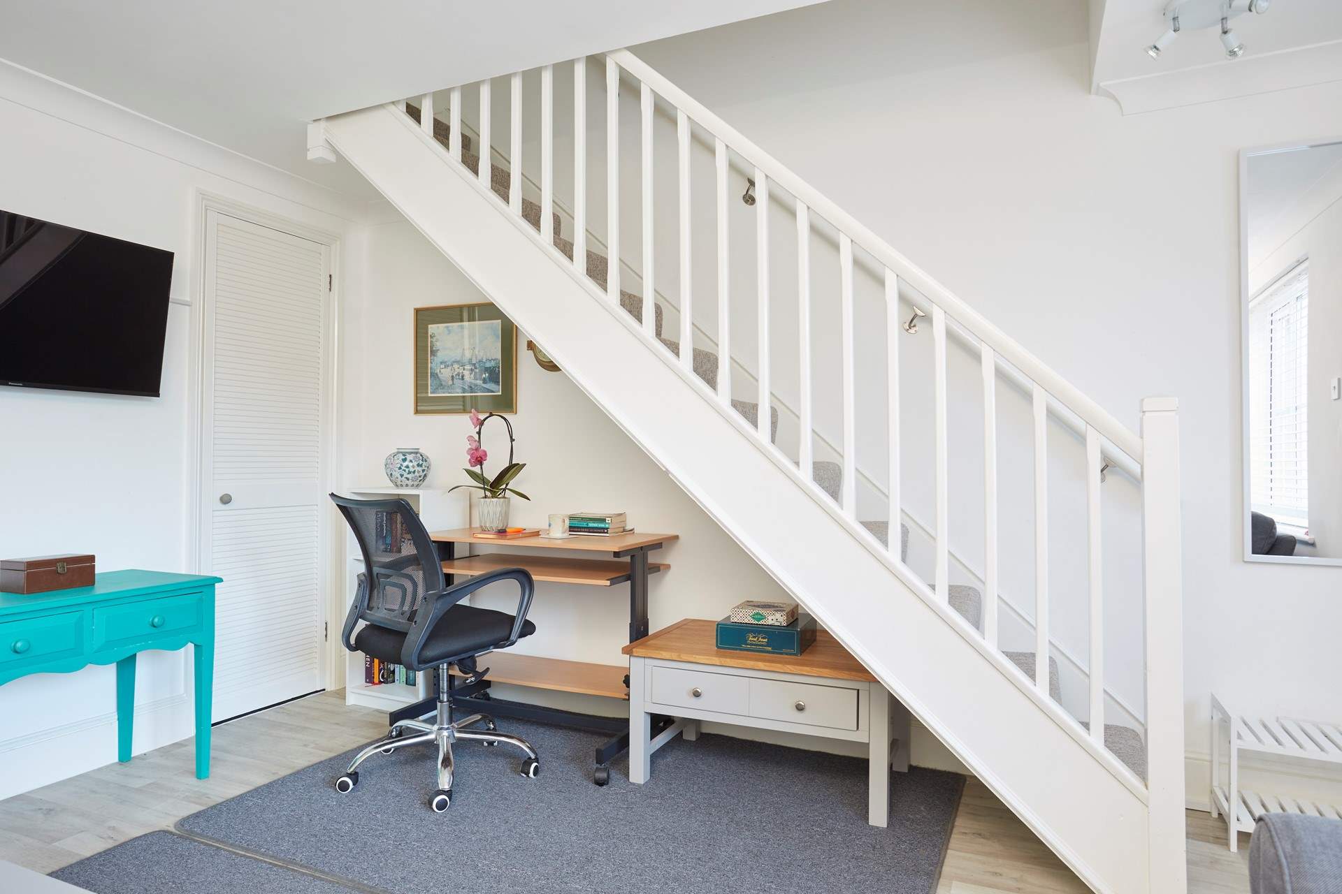 View of the study nook under the stairs.