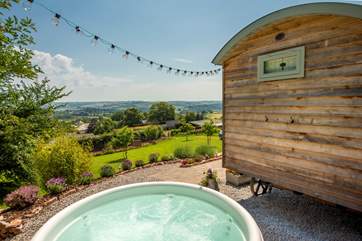 Welcome to Bowhay Shepherd's hut, complete with bubbling hot tub and far-reaching countryside views across the Dart Valley.