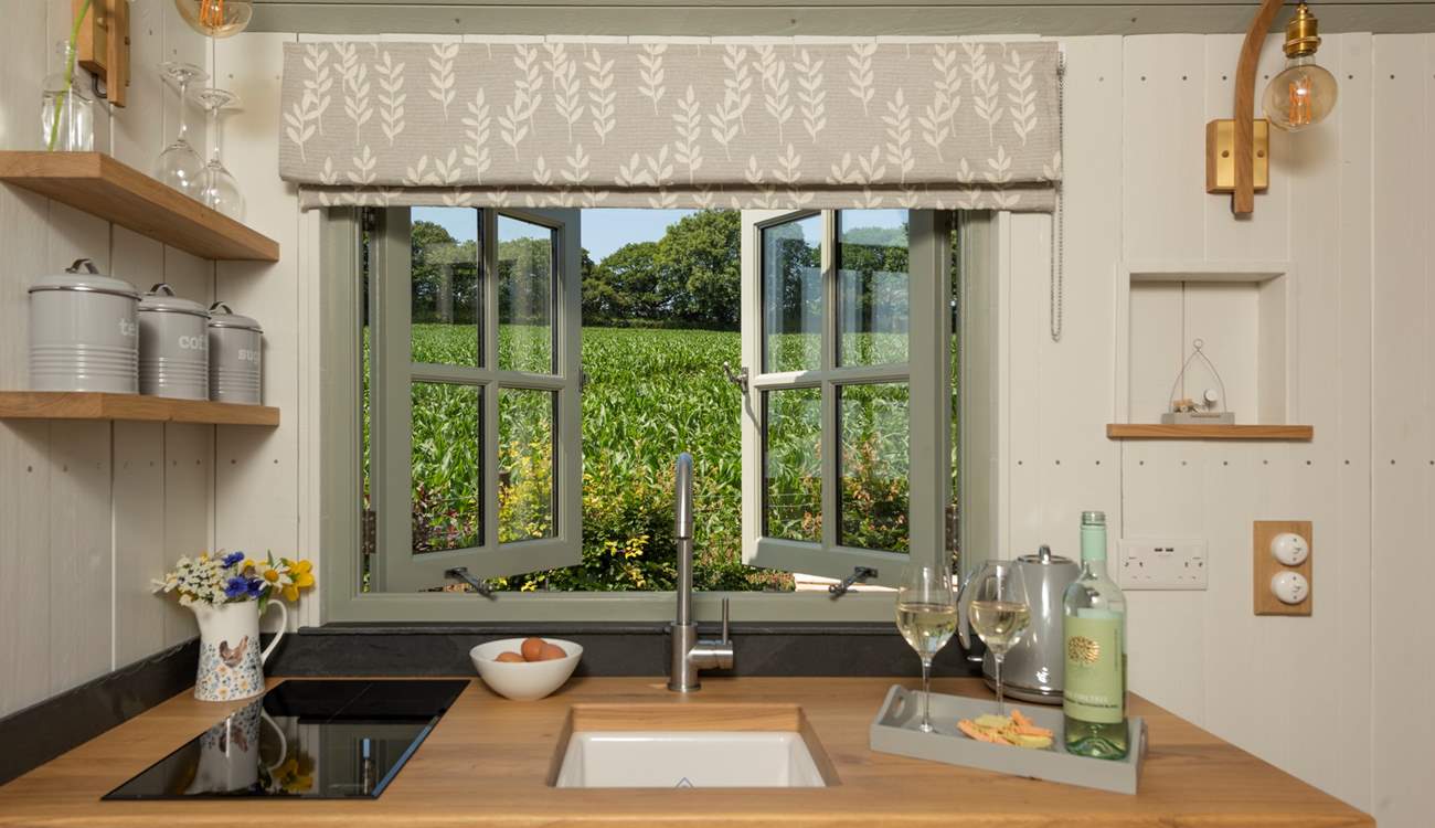 The kitchen is well-equipped with everything you'll need for your glamping getaway. 