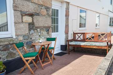 The terrace looks towards Penzance docklands.