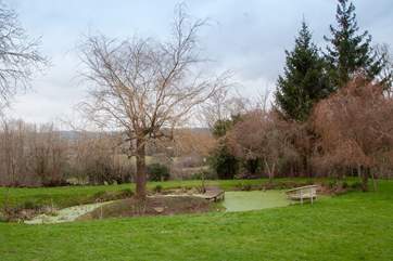 Relax on the bench overlooking the pond.