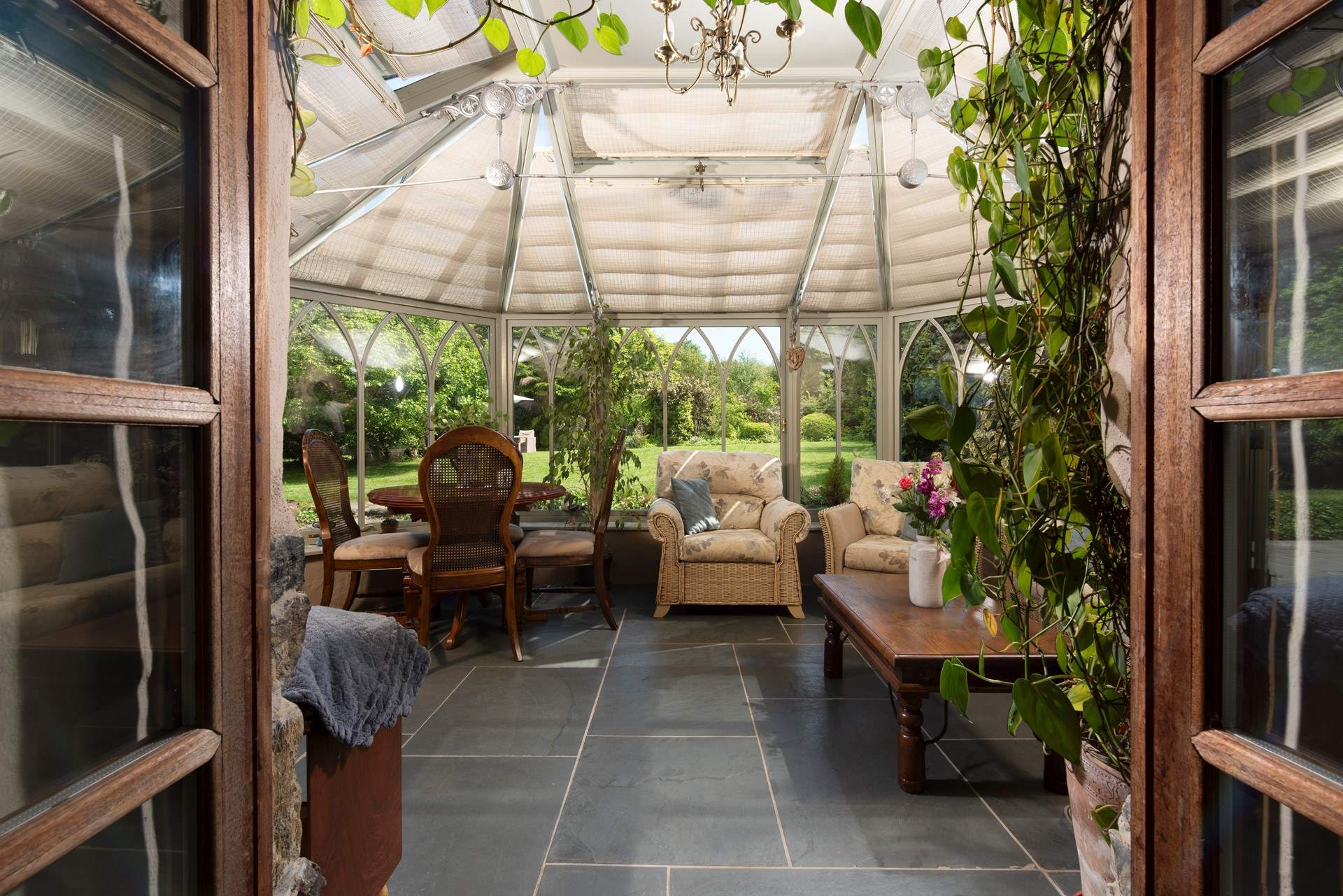 The conservatory is a sophisticated space, with botanical grace.