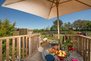 The terrace overlooks the garden and orchard.