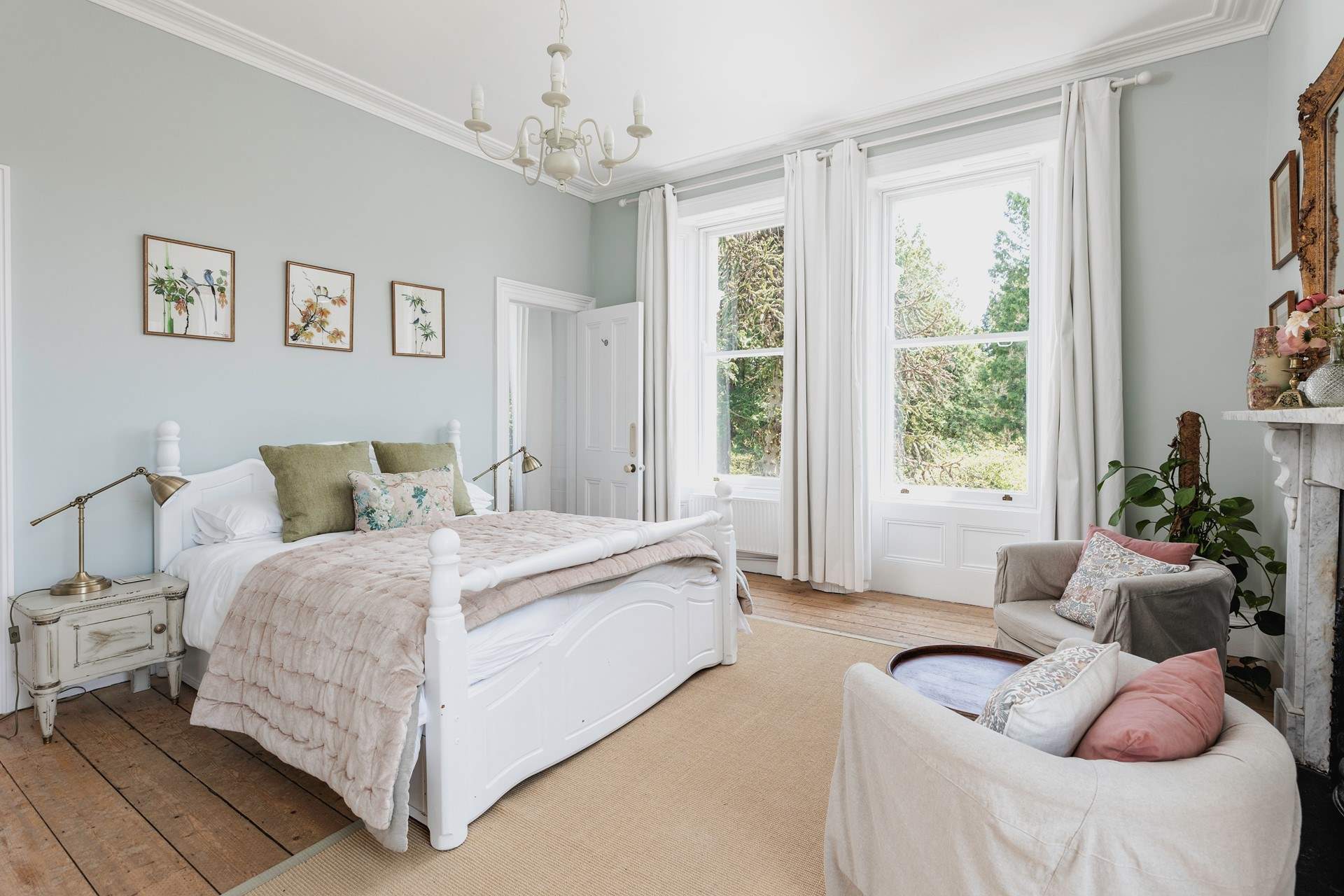 This bedroom is decorated in calming tones.
