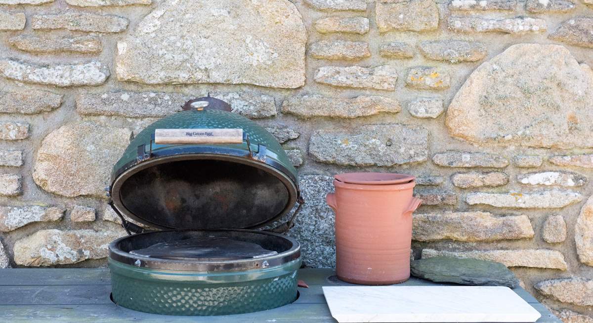 The Big Green Egg barbecue is ready for action.