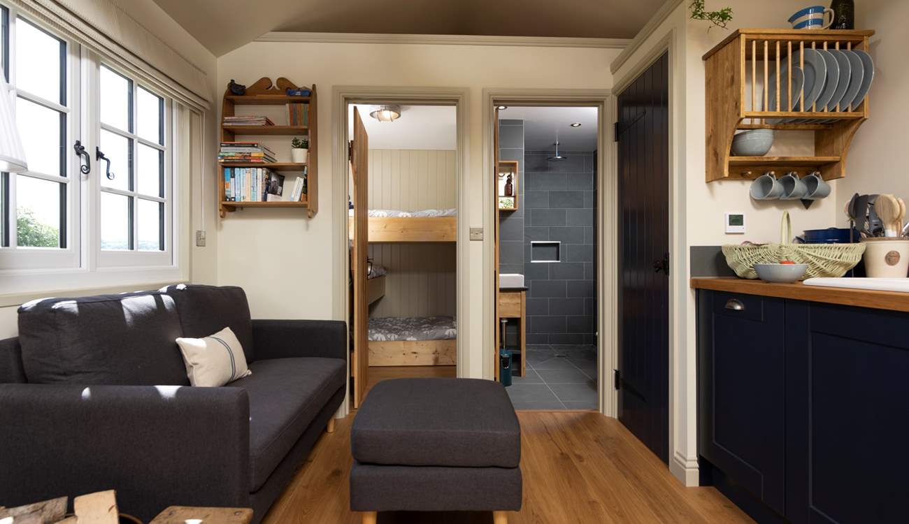 The bunk bedroom and shower-room are located at the opposite end of the cabin to the double bed. 