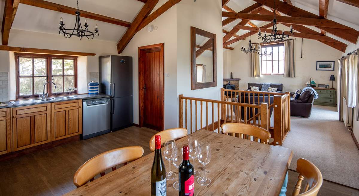 Looking back into the living area from the kitchen and dining area.