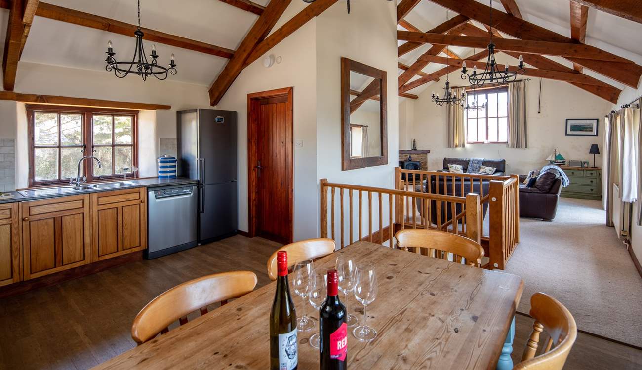 Looking back into the living area from the kitchen and dining area.