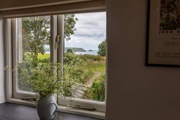 The view over the fields of Nare Head and Gull Rock.