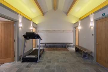 There is a treadmill situated in the swimming pool building.