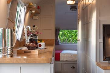 Looking from the lovely living area to the bedroom.