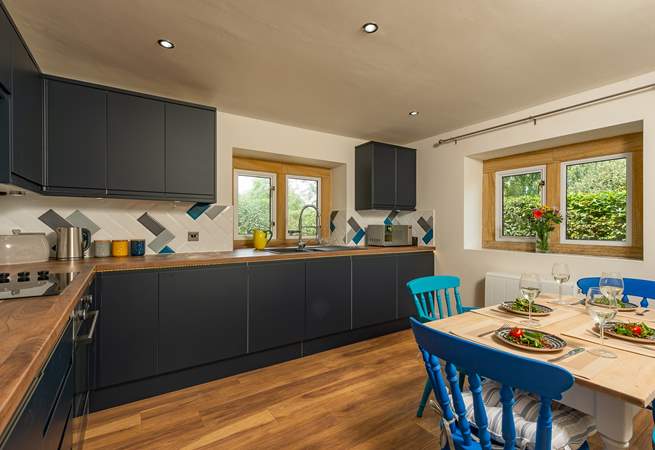 Everything in this cottage is brand new, including this stylish kitchen.