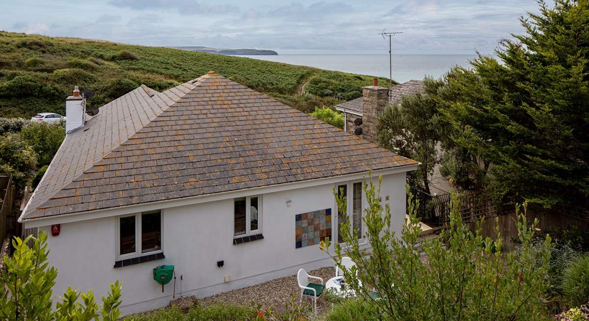 Aerial view from the top balcony overlooking the house and out to sea. Glorious even on a gloomy day.