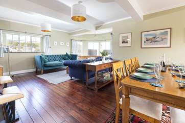 The living and dining area are in the same room.