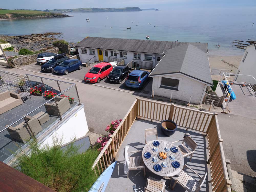 Looking down from the balcony to the front terrace.