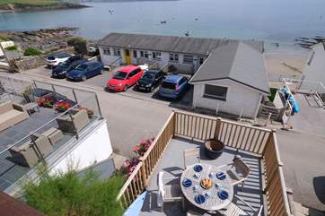 Looking down from the balcony to the front terrace.