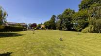 From the bottom of the lawn, looking back at your private raised patio area and hot tub.