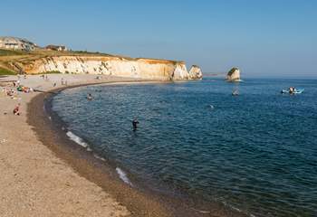 Freshwater Bay is a pebble beach with chalk cliffs - a beautiful spot to watch the sun go down.