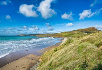 The rolling surf and golden sands at Whitesands Beach. 