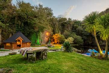 Outside lighting creates a lovely atmosphere at dusk and into the evening.