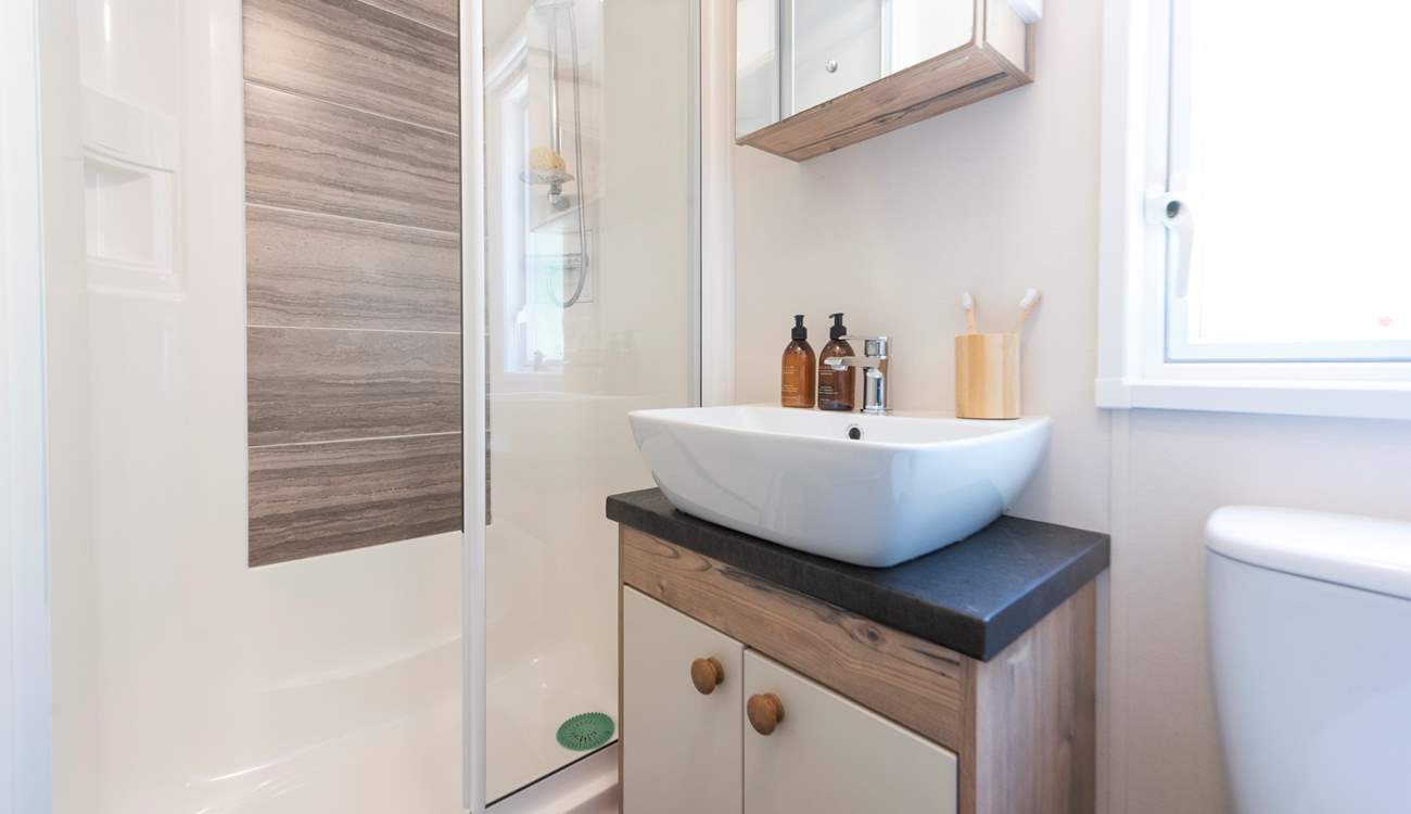 The separate shower room is complete with a shower, WC, wash basin, plus a heated towel rail. 