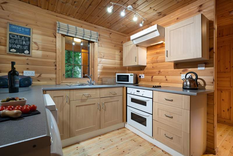 Compact, fully equipped kitchen area with woodland view.