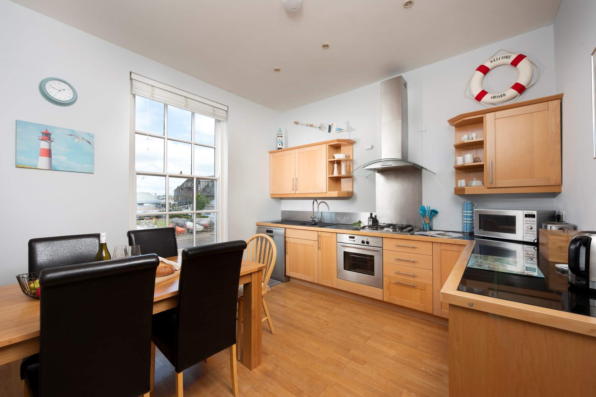 The large kitchen at High Tide overlooks the water sports centre. 