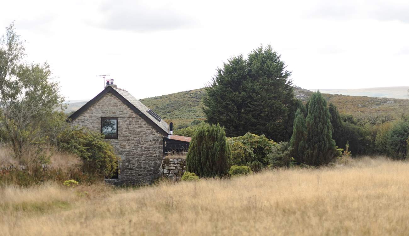 The view from the top of your garden, looking back over the cottage and out over Dartmoor.