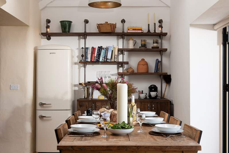 Industrial-style shelving perfectly complements the overall style of Roughtor Barn.