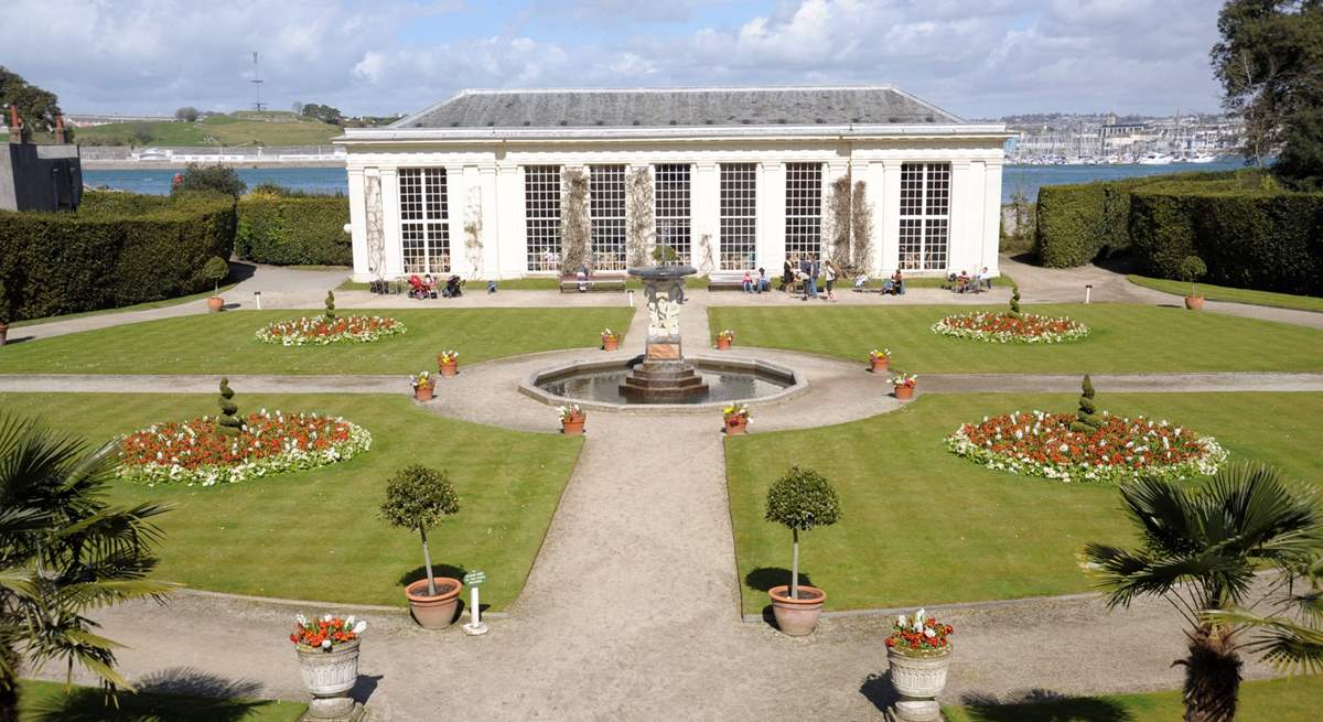 The formal gardens and Orangery Restaurant at Mount Edgcumbe