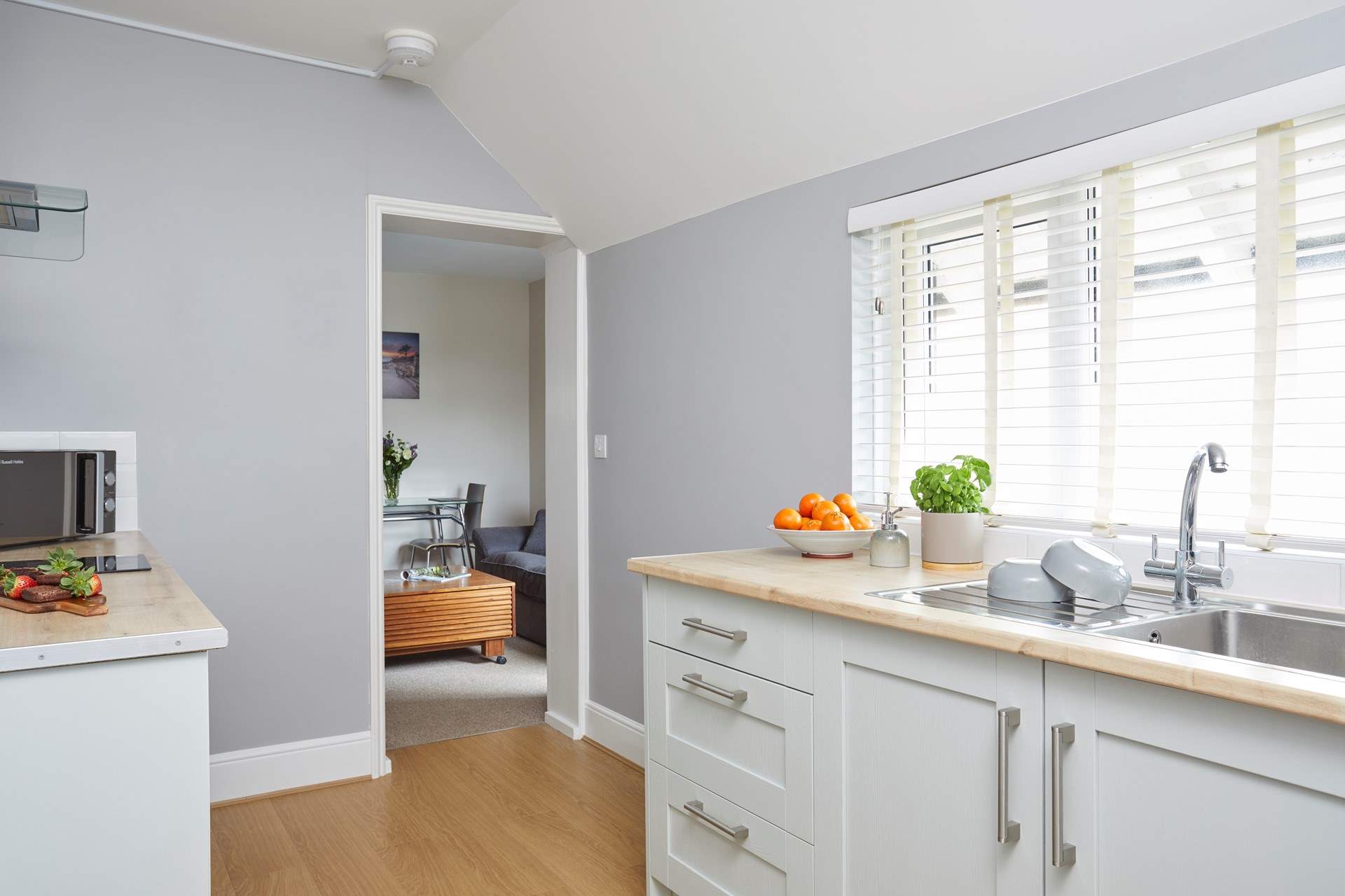 The kitchen is light and airy.