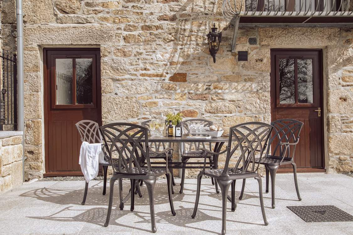 The sunny terrace is a lovely spot to enjoy holiday meals.