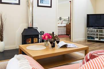 The wood-burning stove will keep you toasty in cooler months.